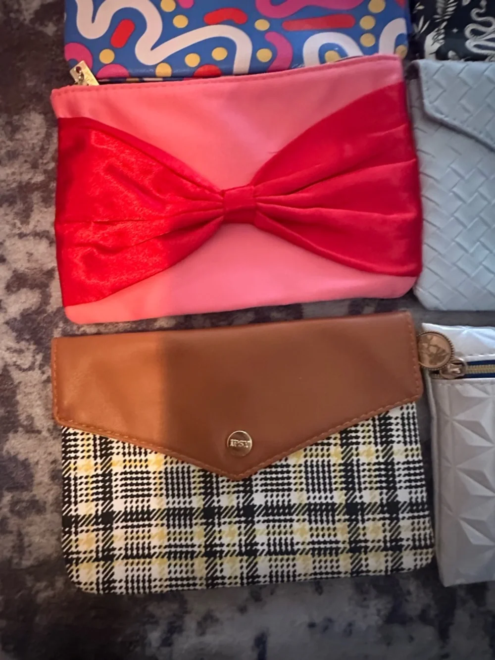 Set of 7 Assorted Makeup Pouches - Pink, Black, Red, Silver, Tan, Blue, White